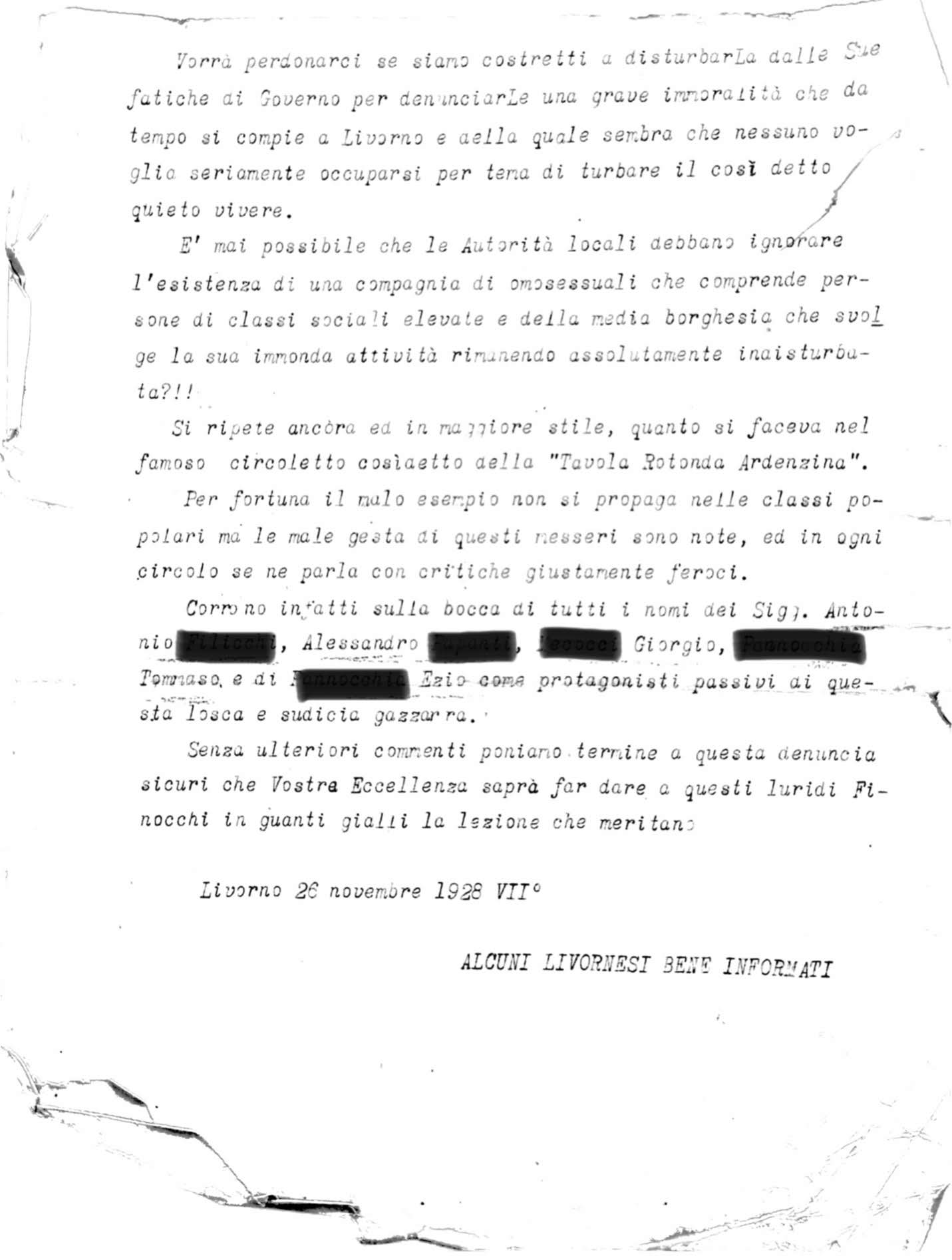 Archivio di Stato di Livorno (ASLi), Questura, A1 «Informazioni Personali», b. 59, fasc. 34 «Antonio F. ed altri», Denuncia anonima (26 novembre 1928)