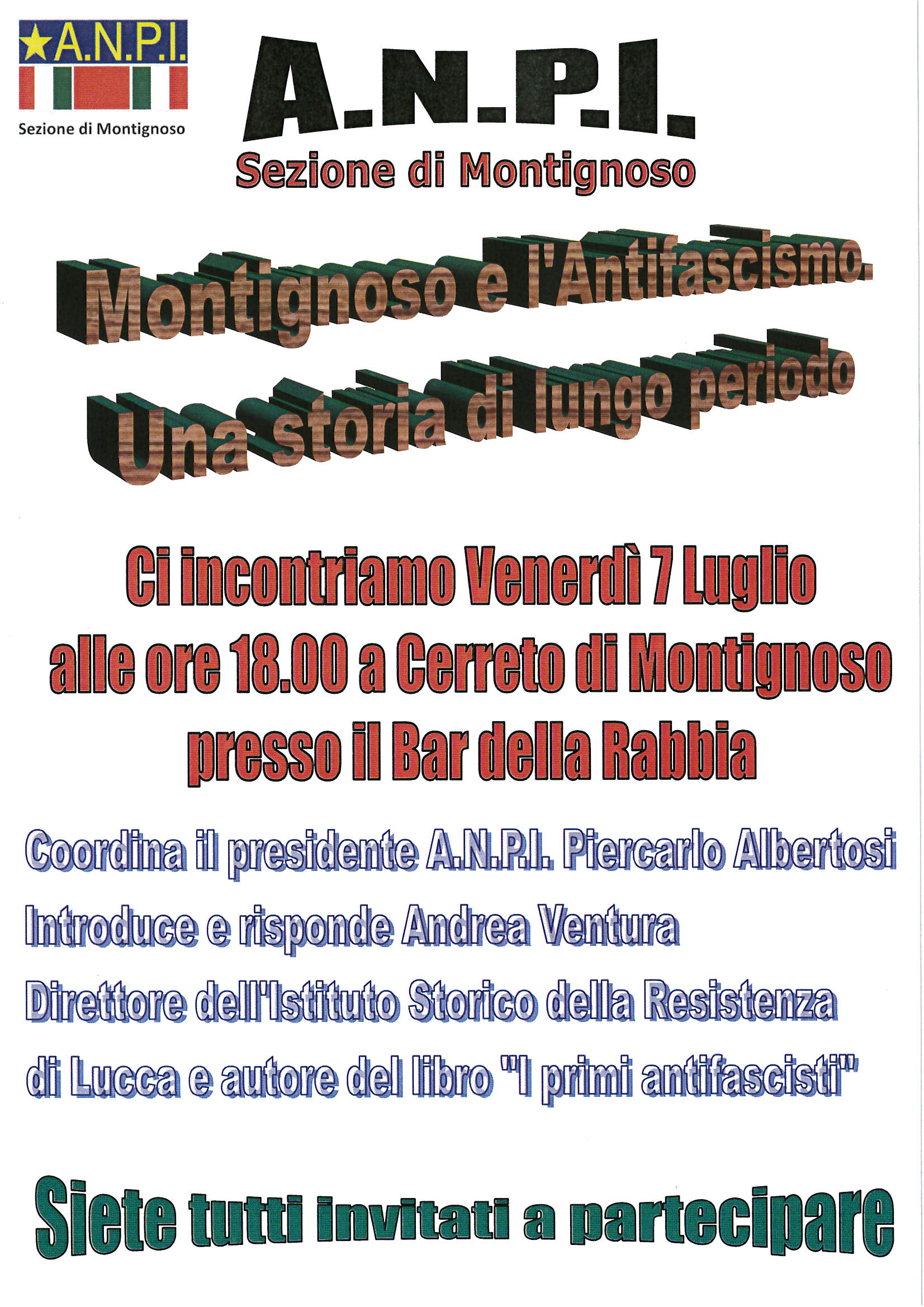 Venerdì sera, presso il Bar della Rabbia di Cerreto di Montignoso (Ms), si terrà un interessante dibattito storico sull’antifascismo montignosino.