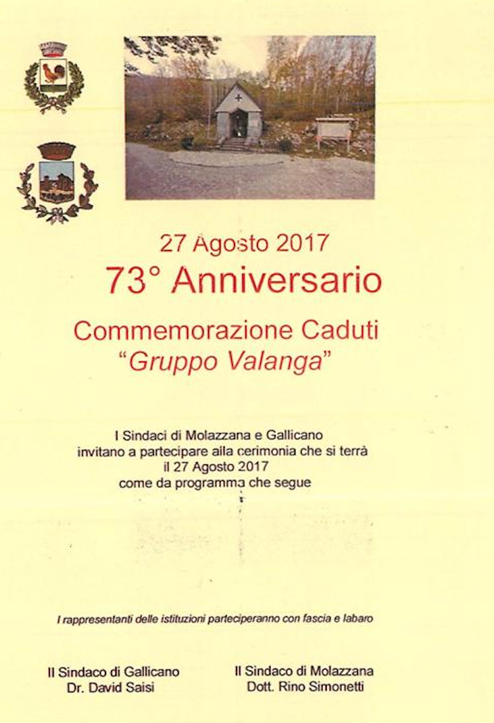 Domenica 27 agosto 2017, i Comuni di Gallicano e Molazzana ricorderanno il sacrificio di Leandro “Pippo” Puccetti e degli altri partigiani del Gruppo “Valanga” caduti sul monte Rovaio nell’estate del 1944.